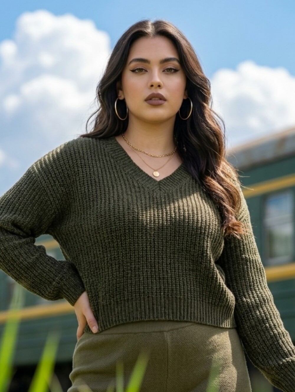 Olive Green V-Neck Ribbed Women's Sweater